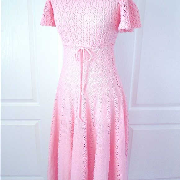 Vintage PINK Crochet Open Work Dress 10feet Skirt - Picture 2 of 13